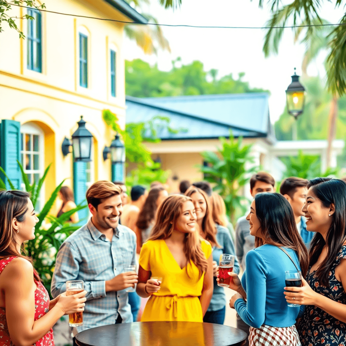 A lively outdoor social mixer in Milton, Florida, with young professionals chatting and laughing amidst charming Southern architecture and lush gre...