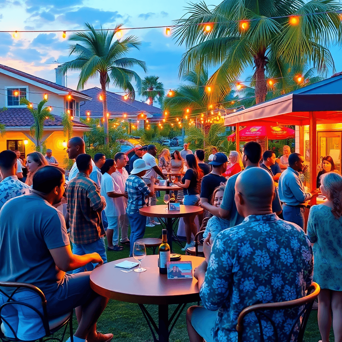 A lively suburban outdoor gathering in Bee Ridge, Florida, with singles engaging in speed dating and wine tasting amidst colorful decorations and a...
