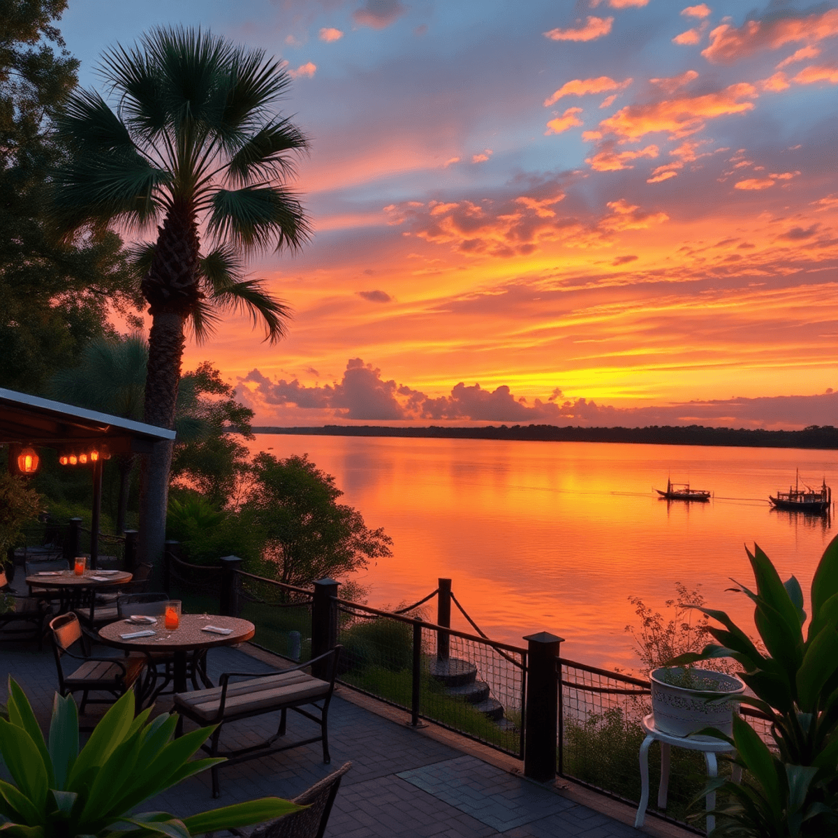 A picturesque sunset over the St. Johns River in Palatka, Florida, featuring a cozy outdoor café and local plants, capturing a romantic and charmin...