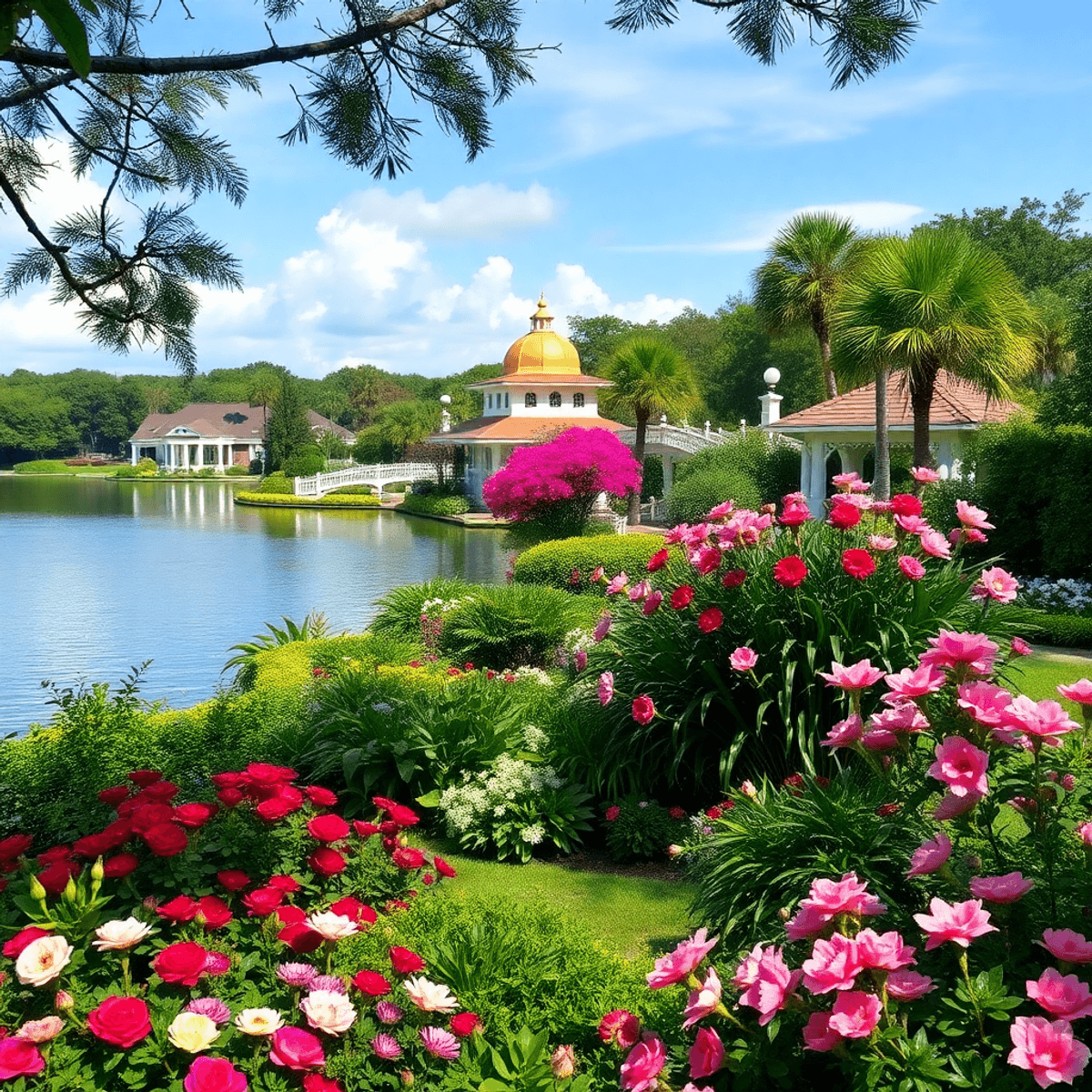 A picturesque view of Cypress Gardens showcasing vibrant flowers and lush greenery by a serene waterfront, creating a charming and tranquil atmosph...