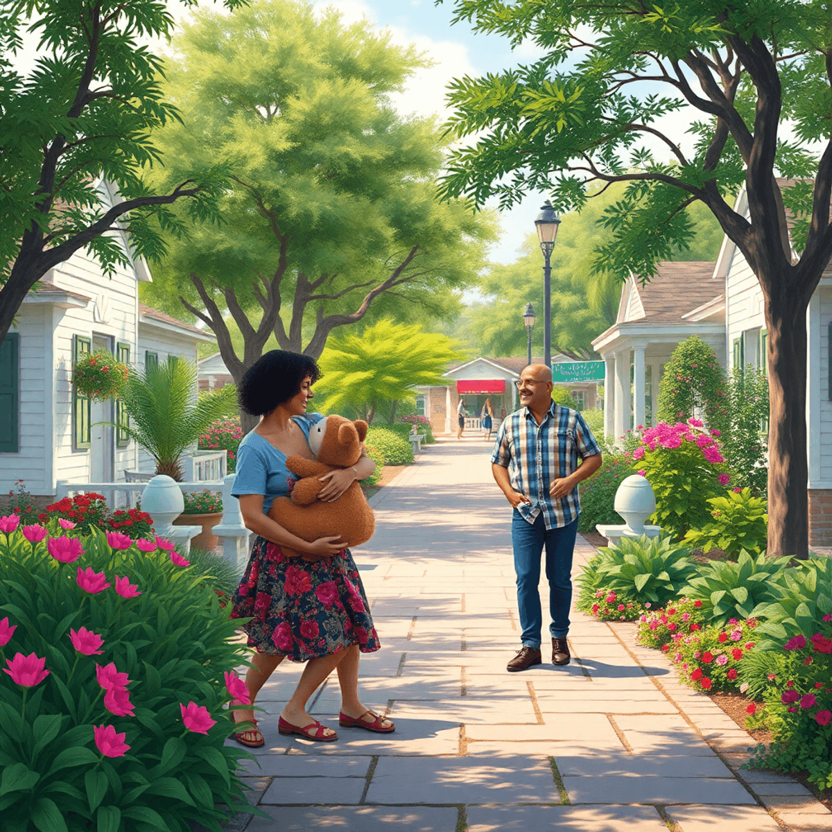 A small-town park in Fuller Heights, Florida, filled with couples enjoying outdoor activities amid lush greenery and vibrant flowers, showcasing a ...