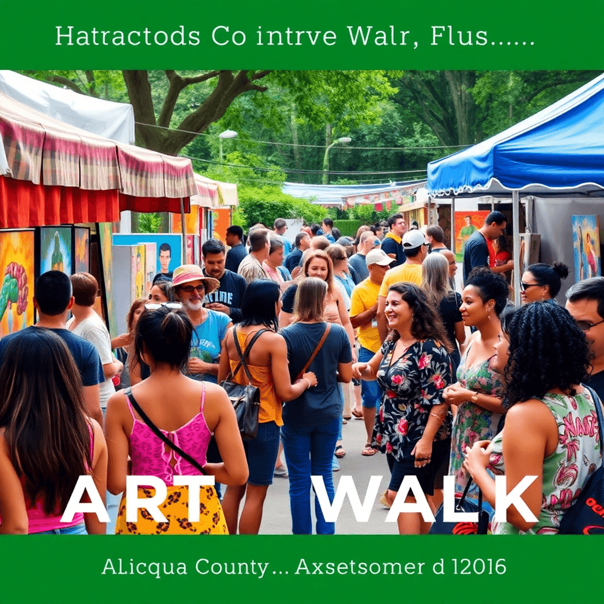 A lively outdoor art walk in Alachua County, featuring colorful art displays and people engaging in conversation amidst lush greenery, creating an ...