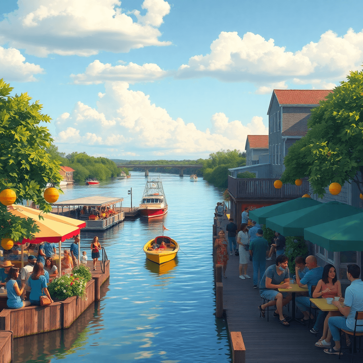 A lively riverside scene in Green Cove Springs, showcasing a seasonal festival with colorful decorations, people enjoying outdoor activities, and b...