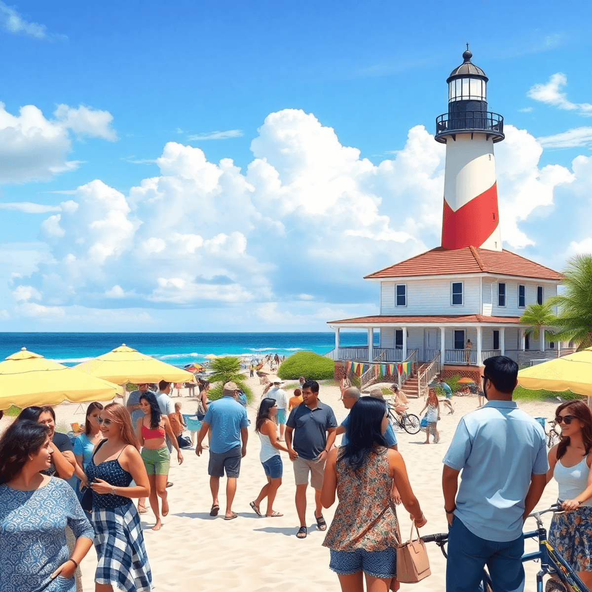 A lively coastal scene with a lighthouse, sandy beach, people chatting, beach umbrellas, bicycles, and colorful banners, capturing a vibrant commun...