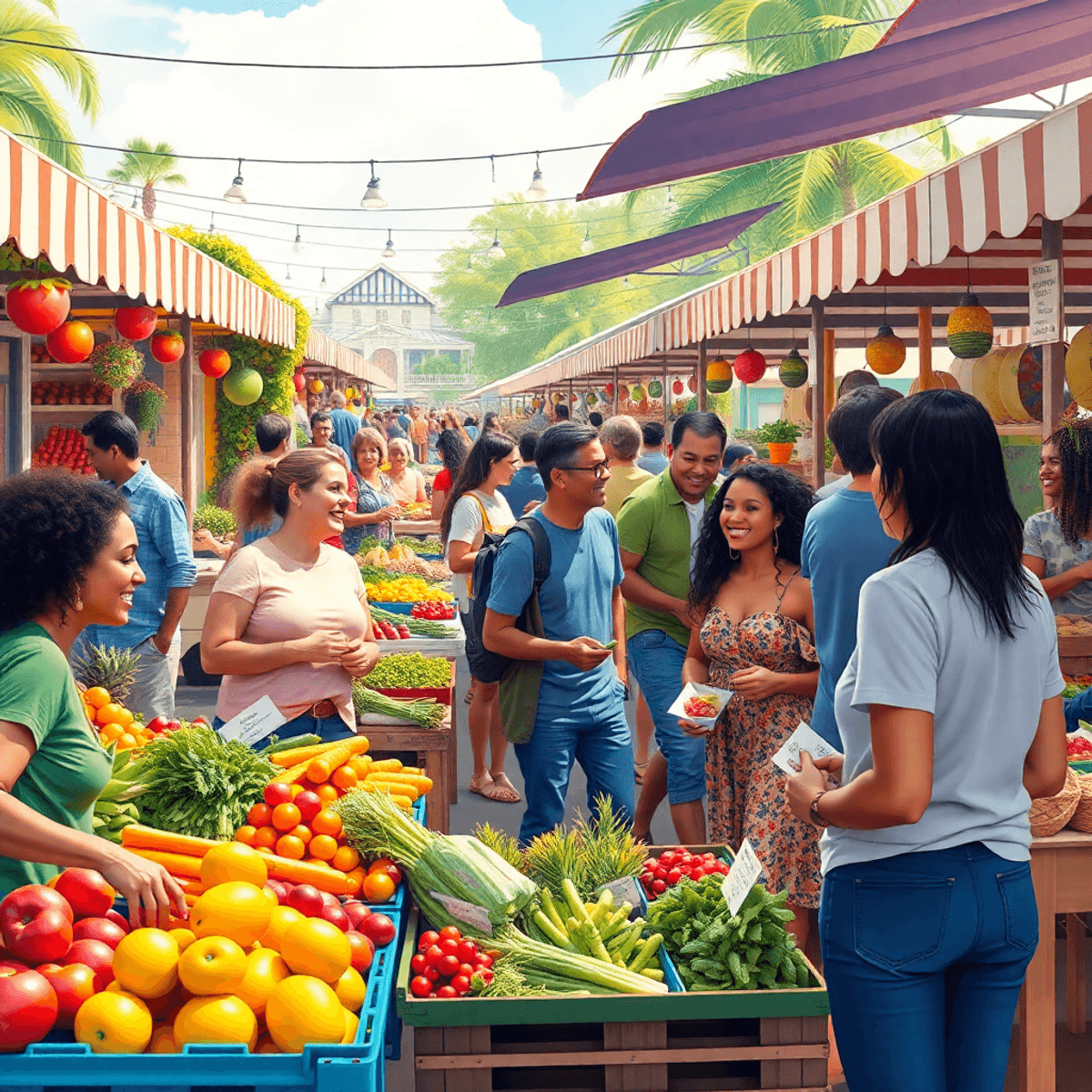 A lively farmers market in Progress Village, Florida, with colorful stalls of fresh produce and goods, featuring cheerful people engaging in commun...