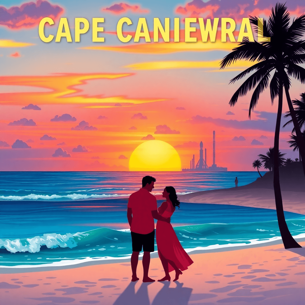 A vibrant beach scene at sunset in Cape Canaveral, with silhouettes of rocket launches, palm trees, and a couple enjoying a romantic moment on the ...
