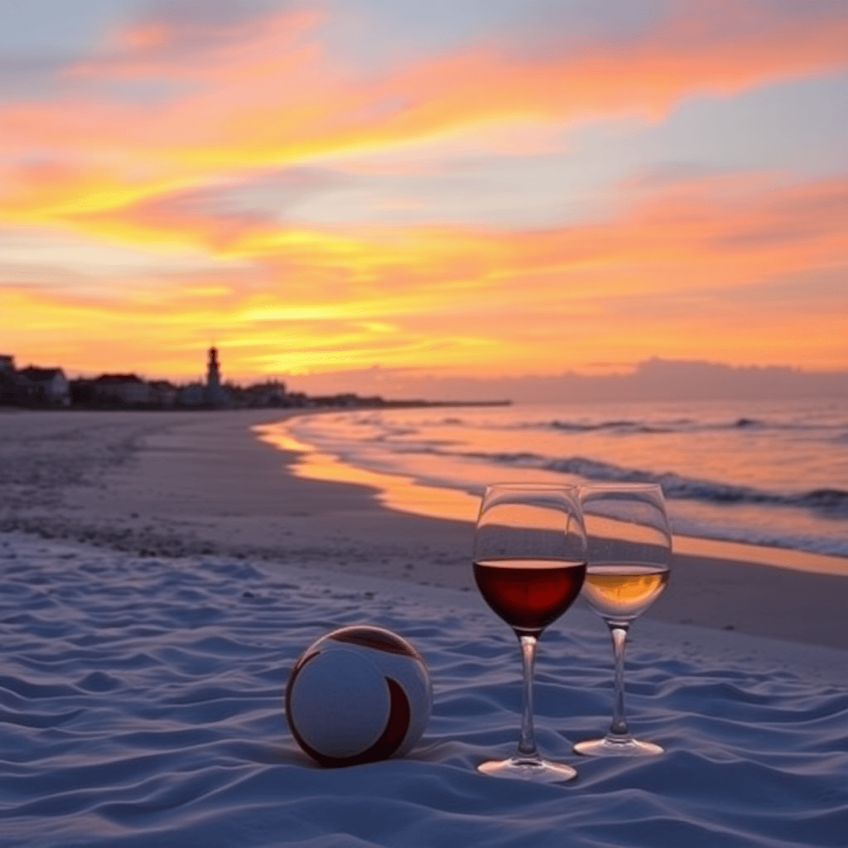 A sunset over St. Augustine Shores beach, with gentle waves and soft sand. In the foreground, wine glasses and a picnic setup are visible, enhancin...