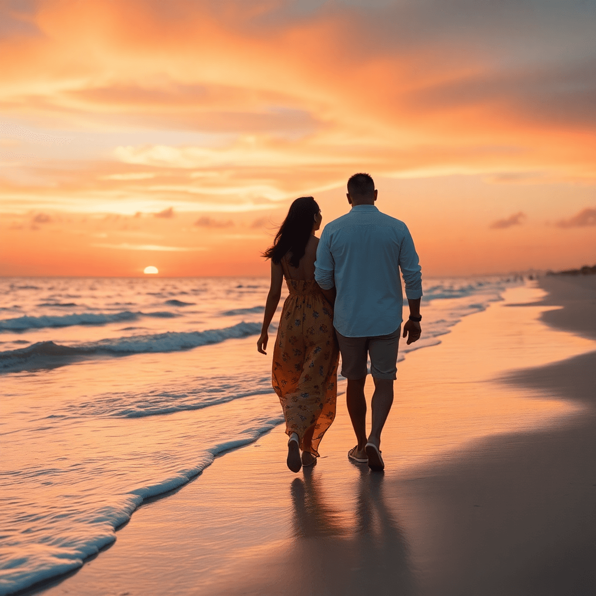 A couple walks hand in hand along Cocoa Beach at sunset, with gentle waves and a sky filled with warm orange and pink hues, creating a romantic atm...