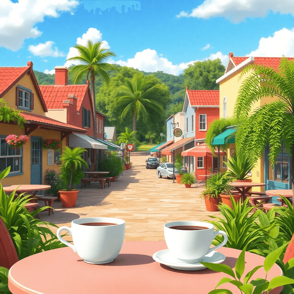 A cozy small-town scene in Medulla, Florida, featuring cafes and parks, with two coffee cups on a table surrounded by greenery, evoking warmth and ...