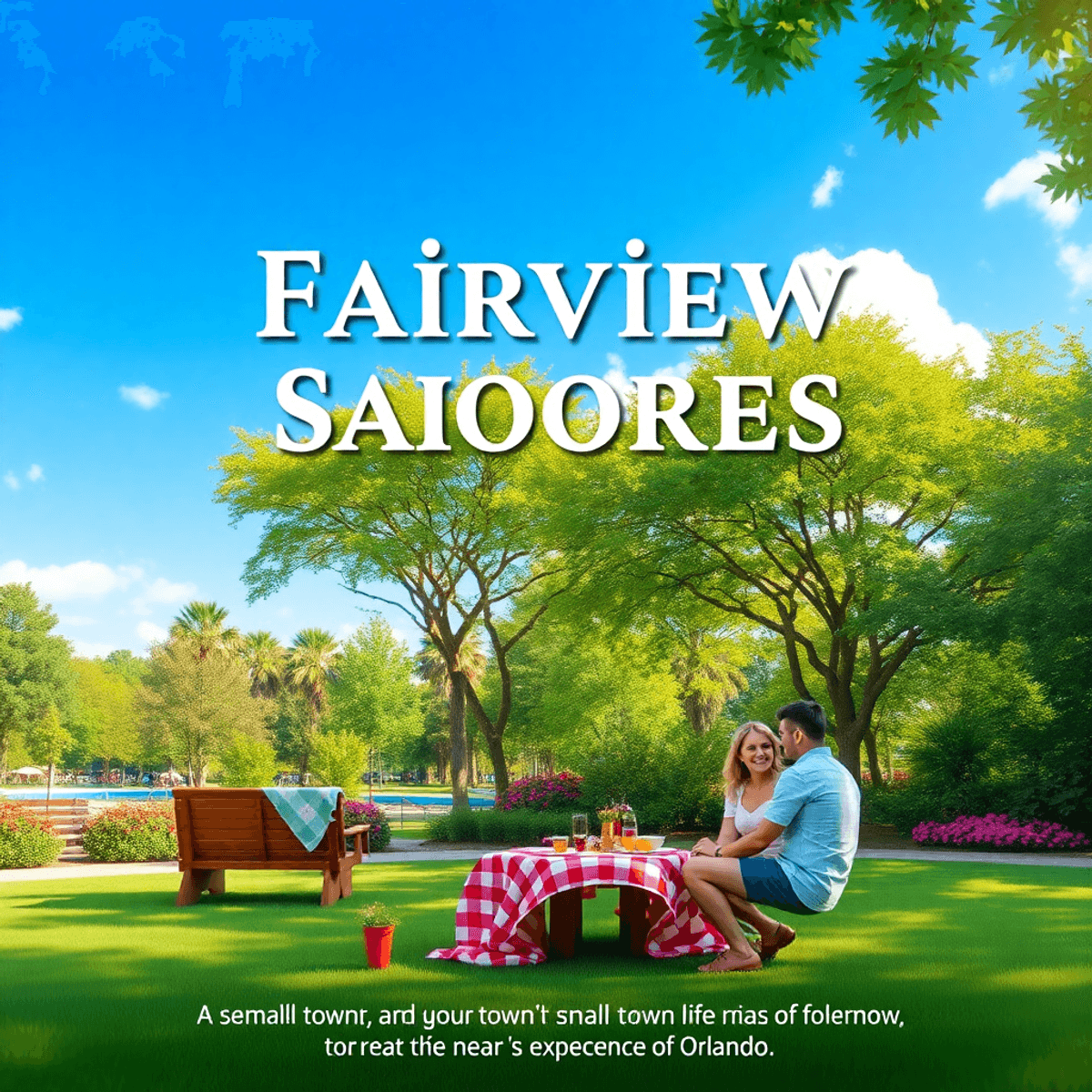 A scenic park in Fairview Shores, Florida, featuring lush greenery, a clear blue sky, and a cozy picnic setup with a couple enjoying a romantic date.