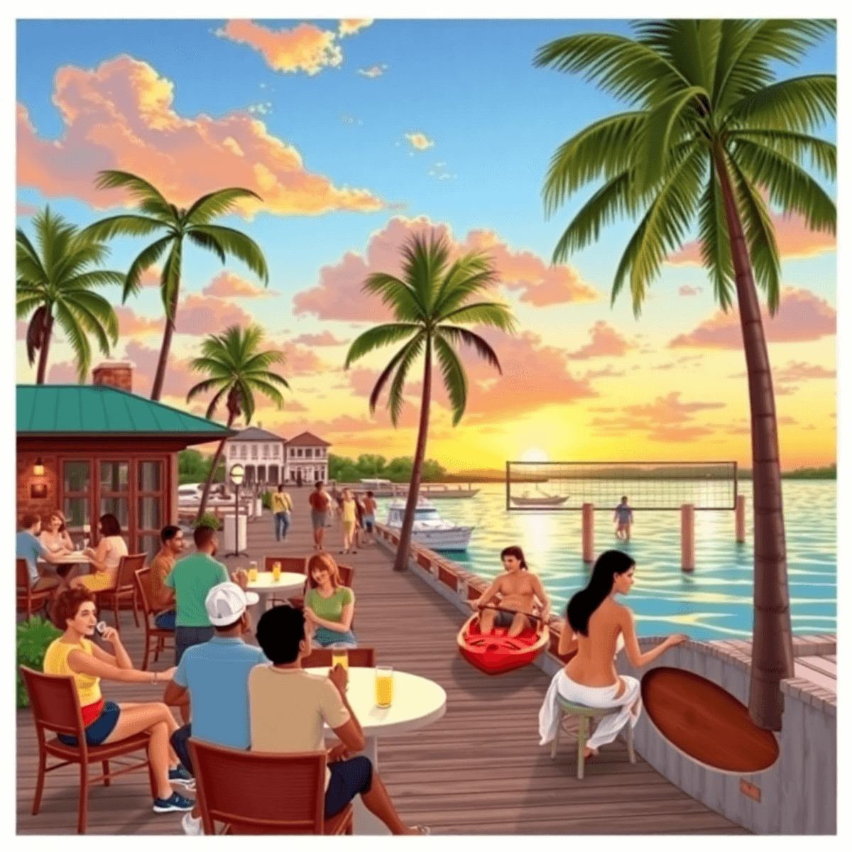 A lively waterfront scene in Port Salerno, Florida, featuring singles dining, kayaking, and playing beach volleyball under palm trees at sunset.