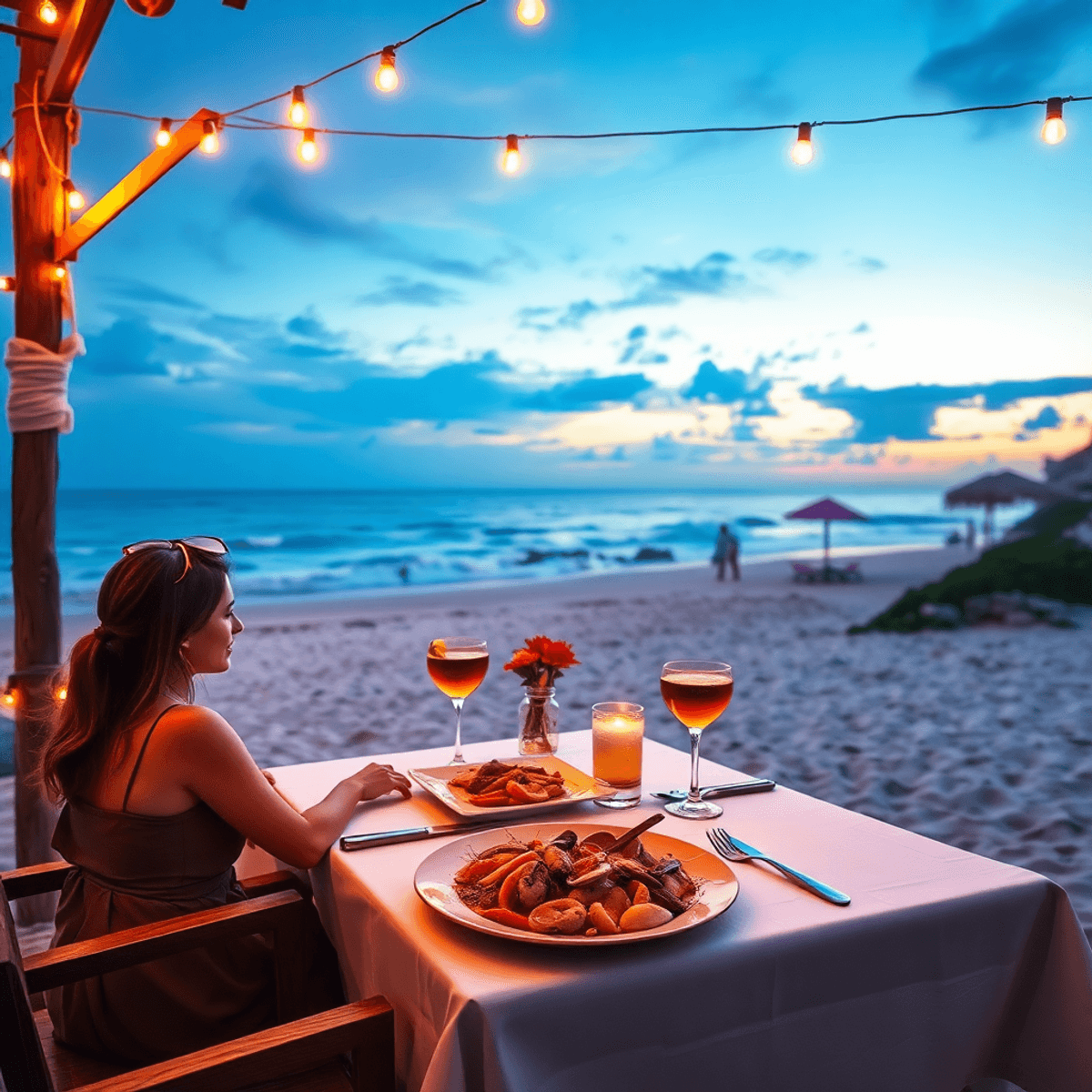 A romantic beachside dining setup at sunset, featuring a table for two with seafood, drinks, and soft lighting against a backdrop of ocean views.