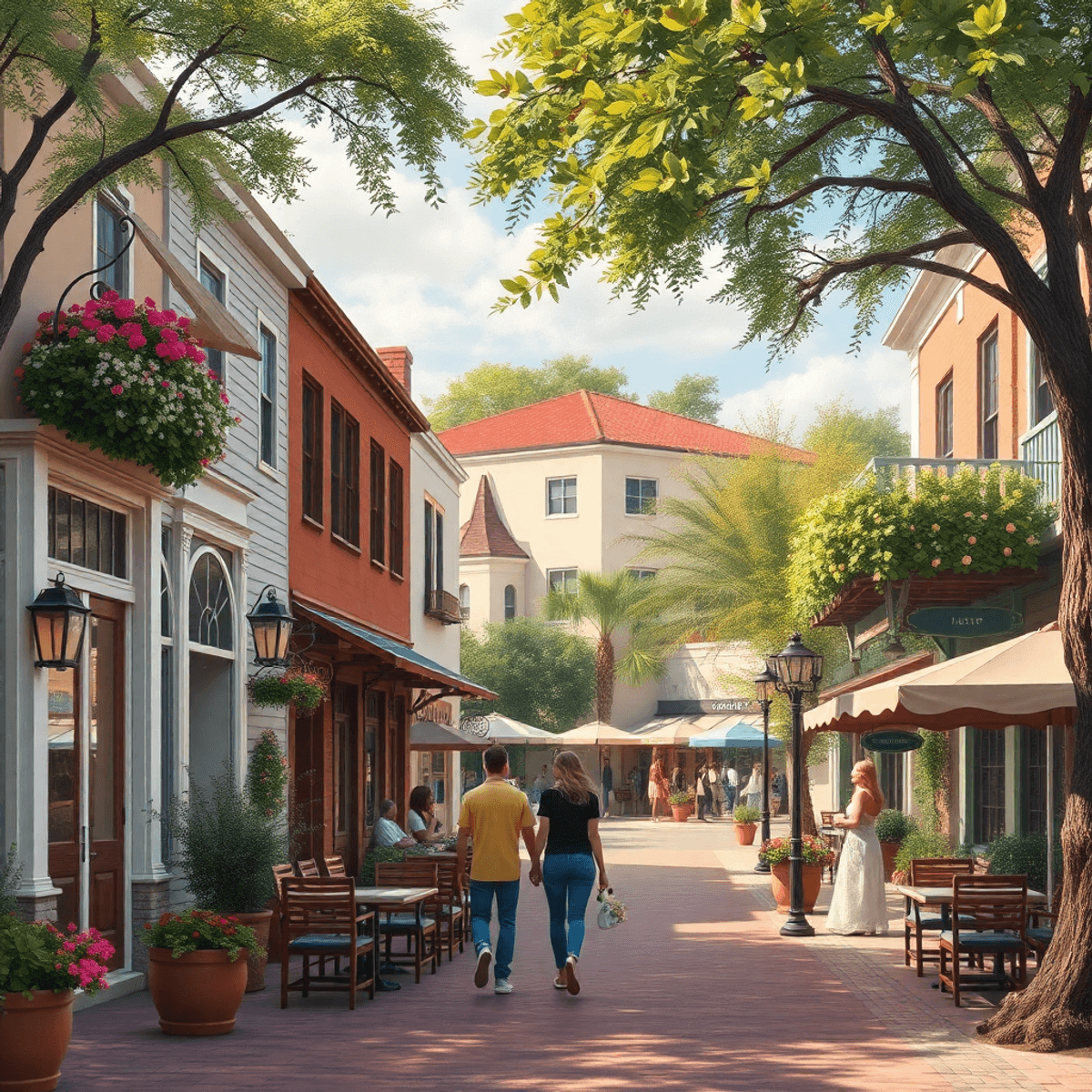 A charming small-town street in Davenport, Florida, showcasing vintage architecture, cozy outdoor cafes, trees, flowers, and people enjoying a loca...
