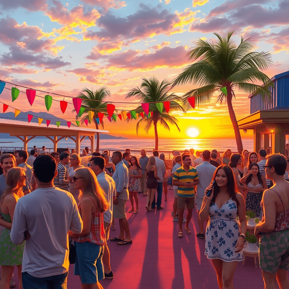 A lively outdoor event in Hudson, Florida, with people mingling under colorful decorations, palm trees, and a sunset, enjoying live music in a fest...