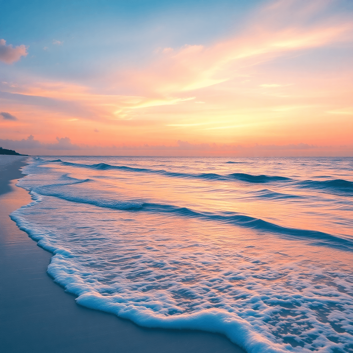 A stunning sunset over West Vero Corridor's beach, with soft pastel colors in the sky and gentle waves lapping at the shore, creating a romantic co...