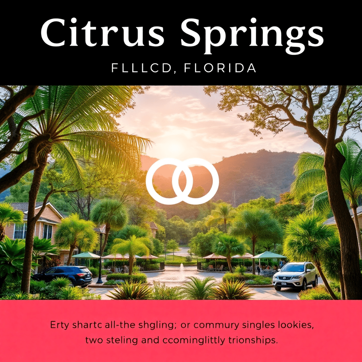 A scenic view of Citrus Springs, Florida, featuring lush greenery and inviting outdoor spaces, subtly incorporating heart symbols and intertwined r...