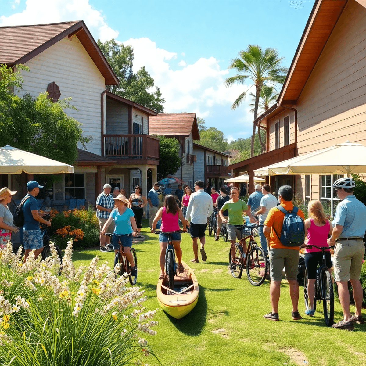 A vibrant outdoor event in Laurel, Florida, with people hiking, biking, and kayaking, capturing a sense of community spirit in a sunny setting.