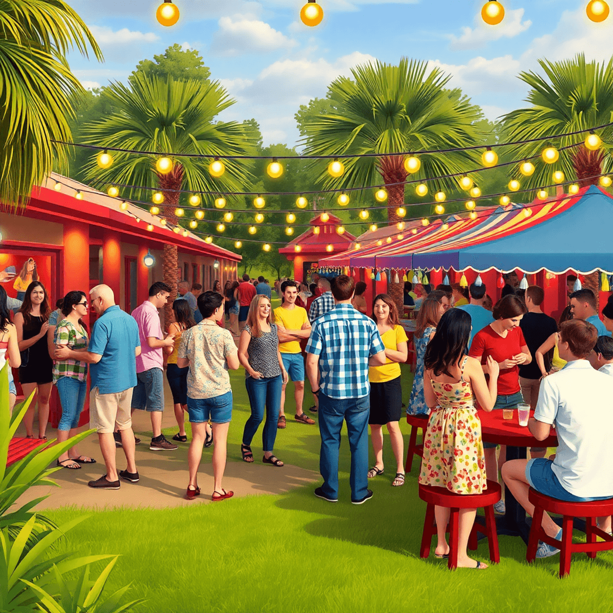 A lively outdoor community event in Union Park, Florida, with colorful decorations, people mingling, enjoying conversations, and participating in b...