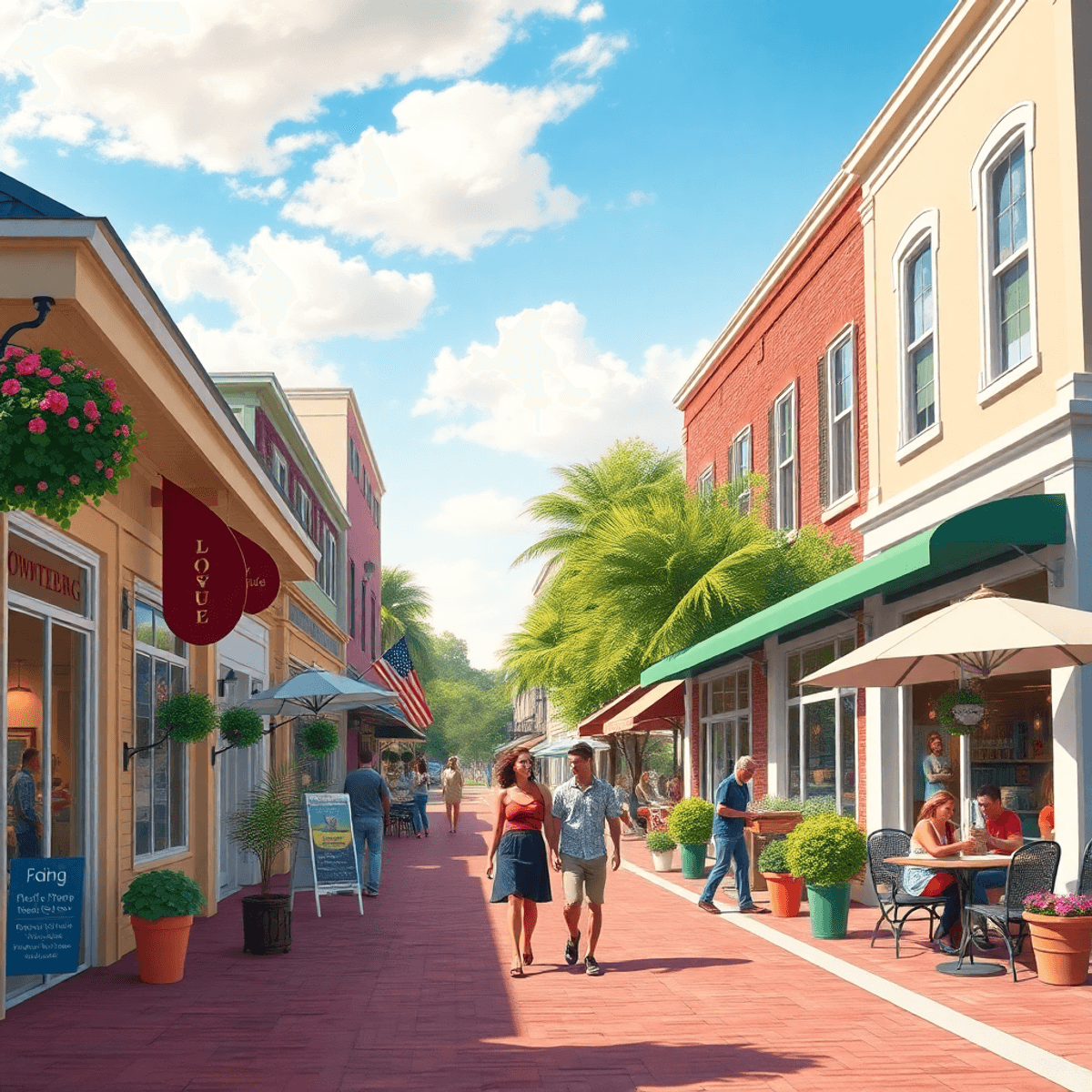 A picturesque small-town street in Middleburg, Florida, featuring charming shops and cafes, with a couple walking hand-in-hand and people chatting ...