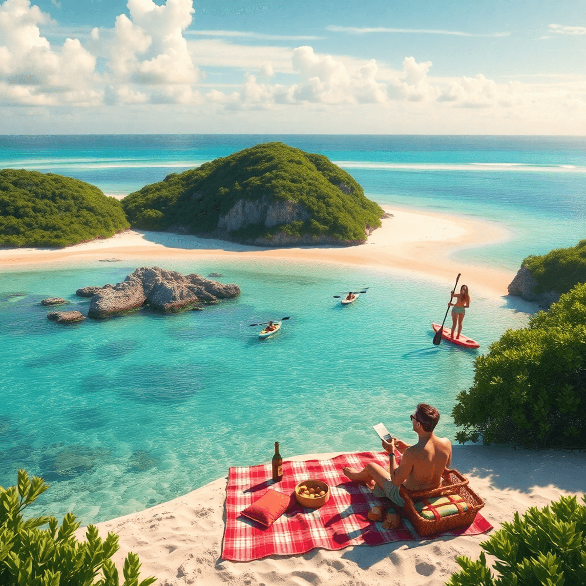 A picturesque beach scene at Upper Grand Lagoon, Florida, featuring a picnic setup and a couple kayaking, with sunny skies and lush greenery enhanc...