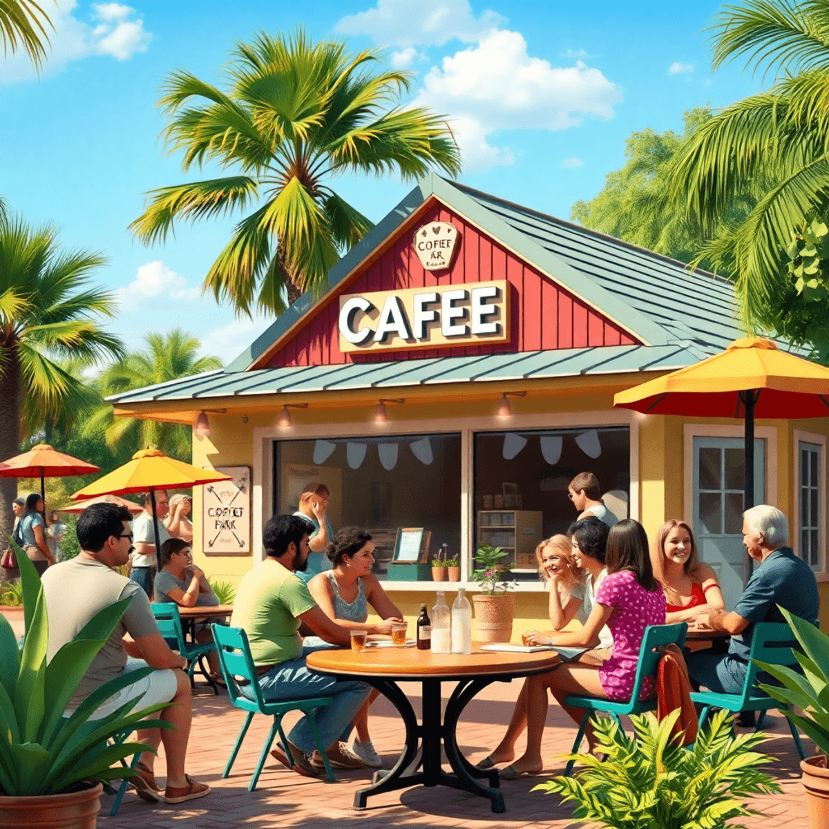 A lively community park in Ojus, Florida, with a cozy coffee shop and groups of friends chatting and laughing on a sunny day, showcasing local even...