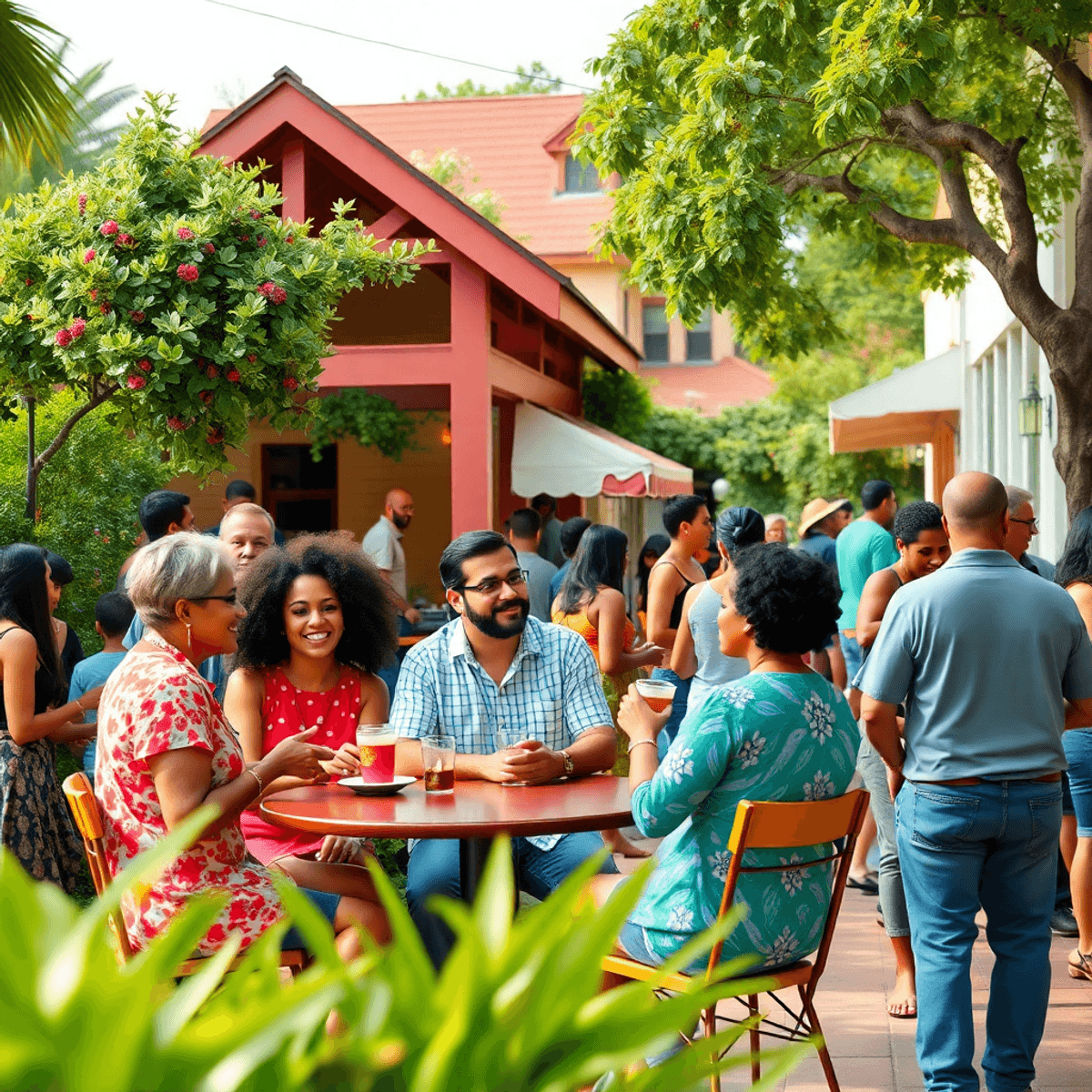 A lively community gathering in Azalea Park, Florida, with people enjoying coffee at a café, engaging in conversation, surrounded by lush greenery ...