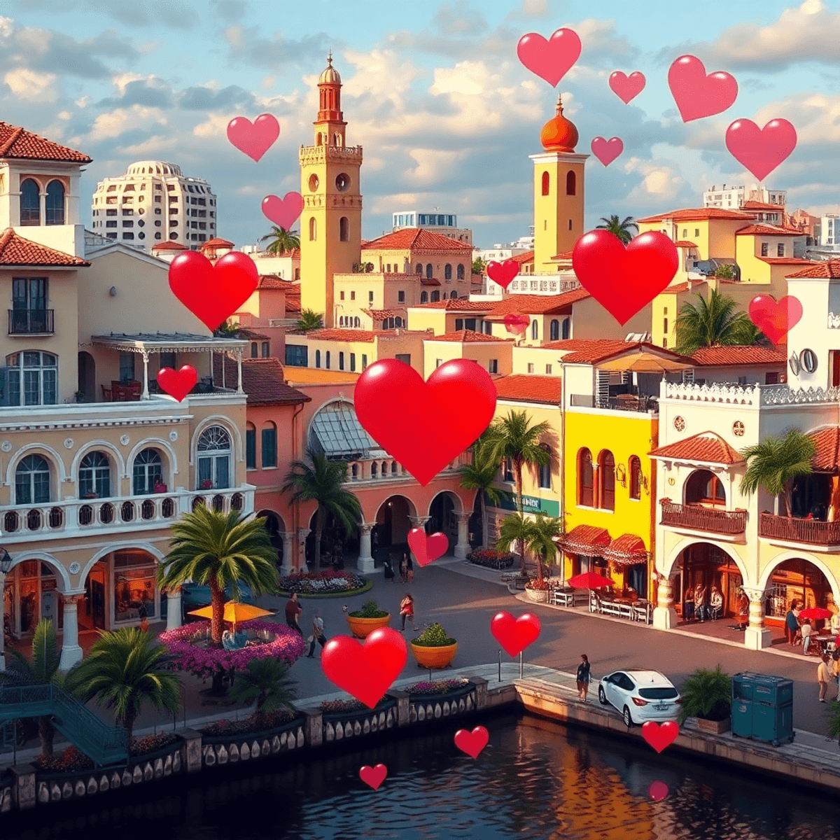 A vibrant Opa-locka cityscape featuring unique Moorish architecture, colorful elements, and subtle heart motifs, evoking community and romance for ...
