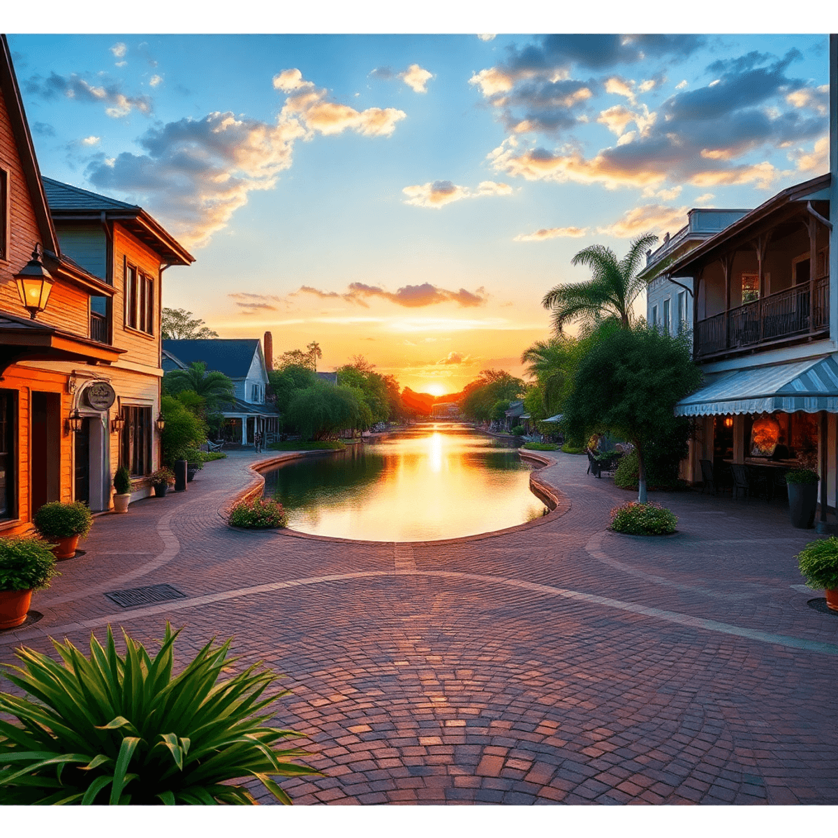 A charming downtown Mount Dora scene with cobblestone streets, vintage architecture, a serene lake, and a vibrant sunset reflecting on the water, s...