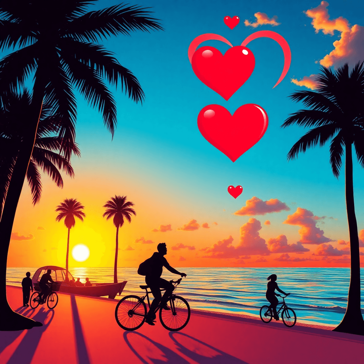 A picturesque sunset over the water in Niceville, Florida, with silhouettes of palm trees and couples walking and biking along the beach, evoking w...