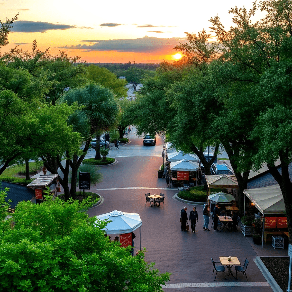 A scenic view of Lake Mary, Florida, featuring tree-lined streets, cozy outdoor cafes, a bustling farmers' market, and a romantic sunset, creating ...