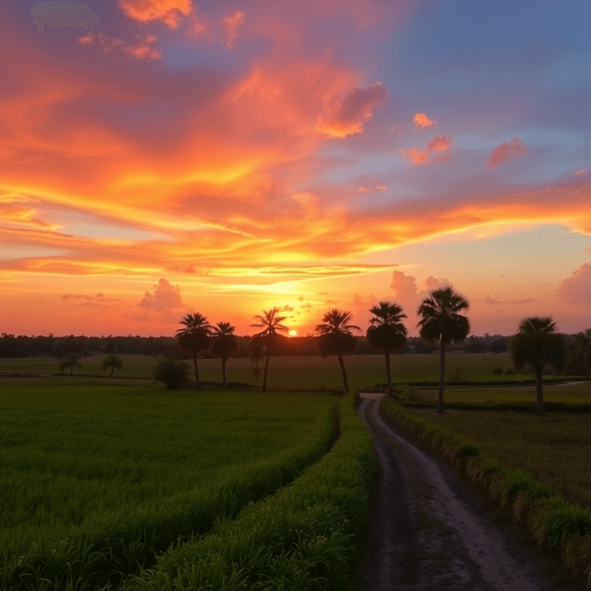A romantic sunset casts warm hues over lush fields and palm trees in Belle Glade, Florida, creating an inviting atmosphere that symbolizes nature a...