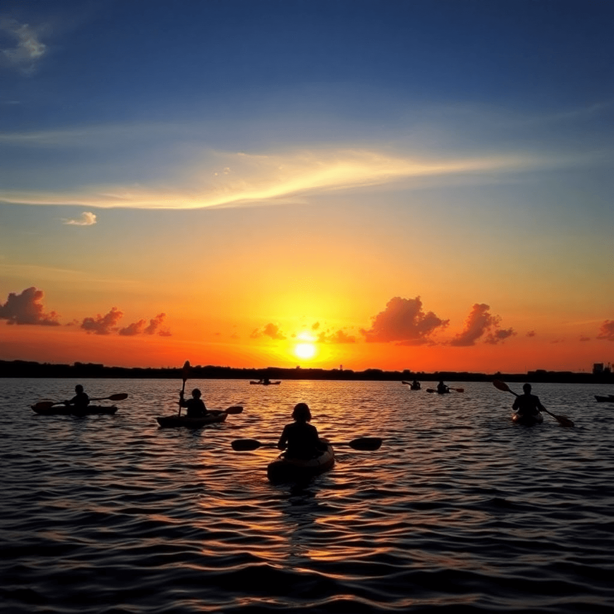 A stunning sunset over the Pithlachascotee River, featuring silhouettes of kayakers and paddleboarders, embodying romance and adventure in a vibran...