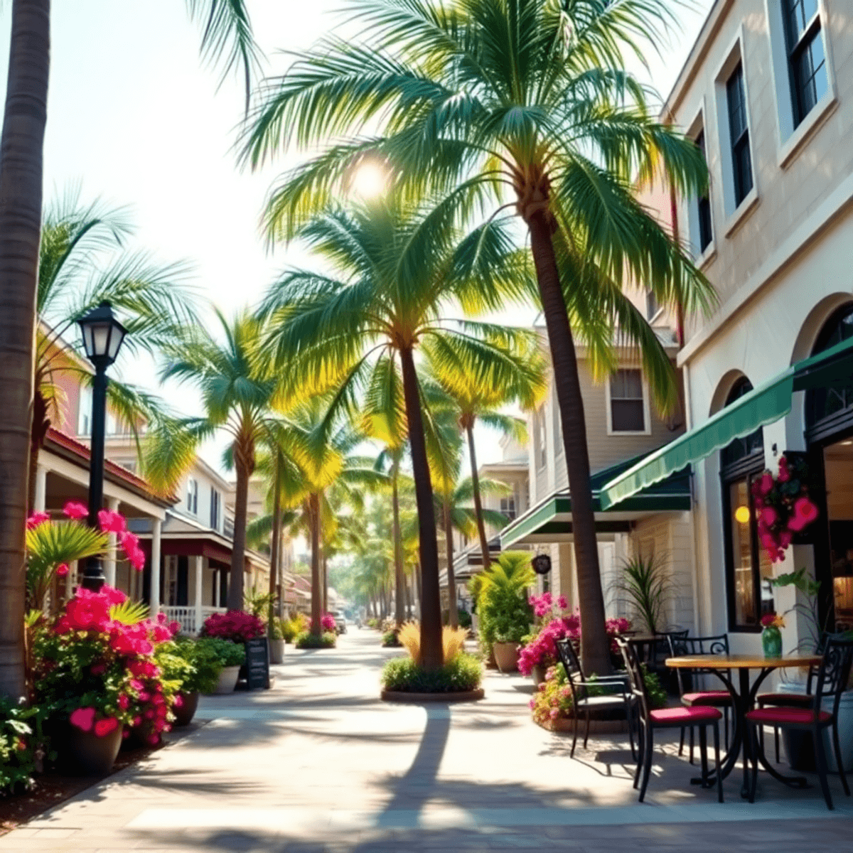 A charming suburban street in Palmetto Estates, Florida, featuring palm trees, vibrant flowers, and a cozy outdoor café with inviting tables for tw...