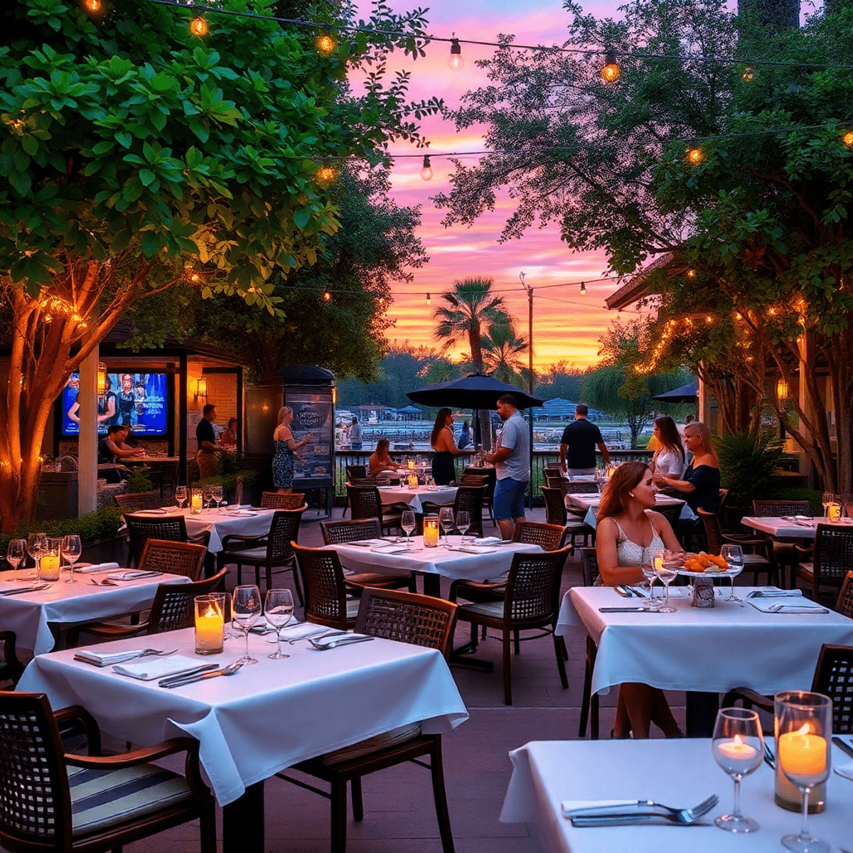 A cozy outdoor dining venue in Doctor Phillips, Florida, featuring tables for couples, lush greenery, twinkling lights, and a beautiful sunset crea...