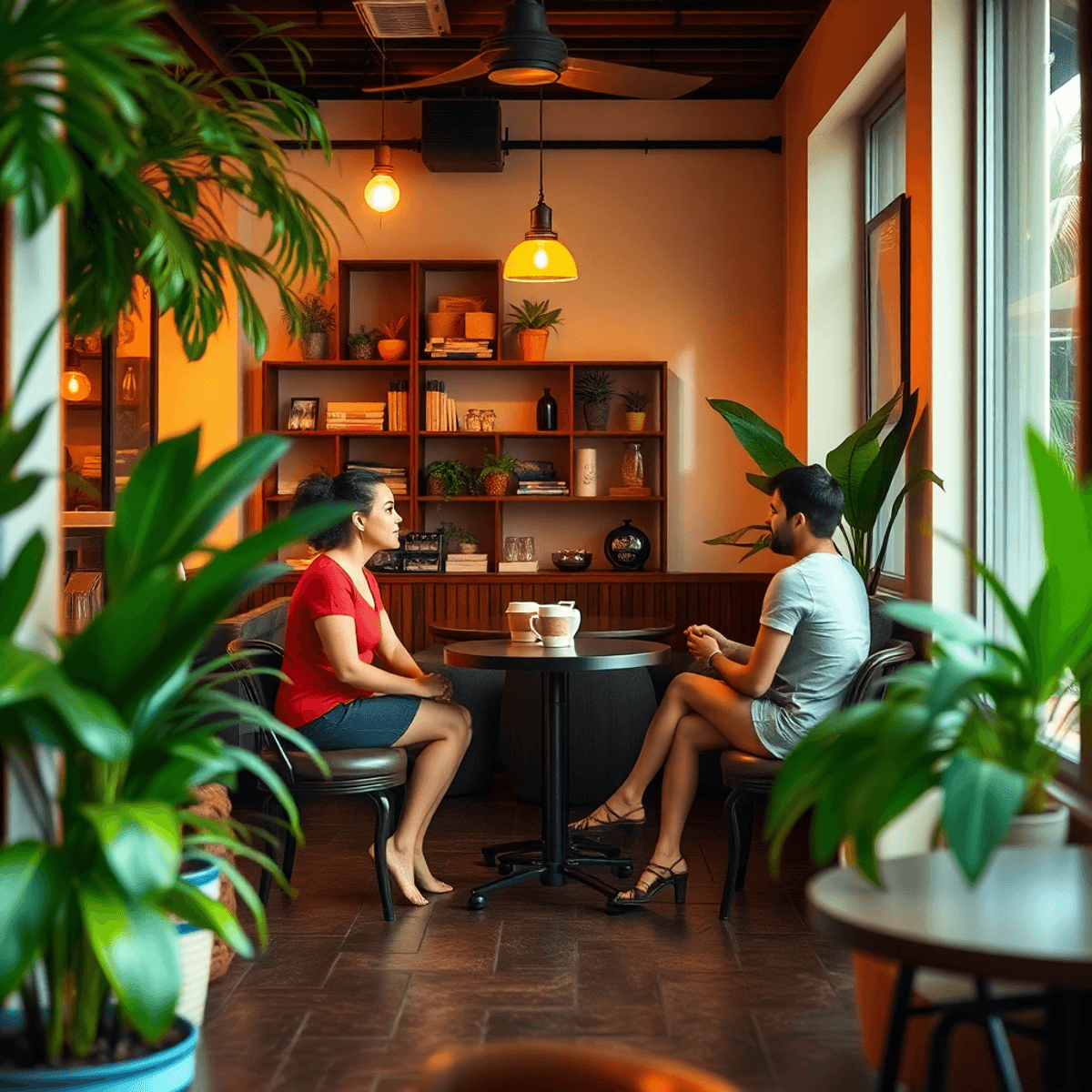 A cozy coffee shop in Mango, Florida, featuring a small table for two, soft lighting, and tropical plants, creating an inviting and intimate atmosp...
