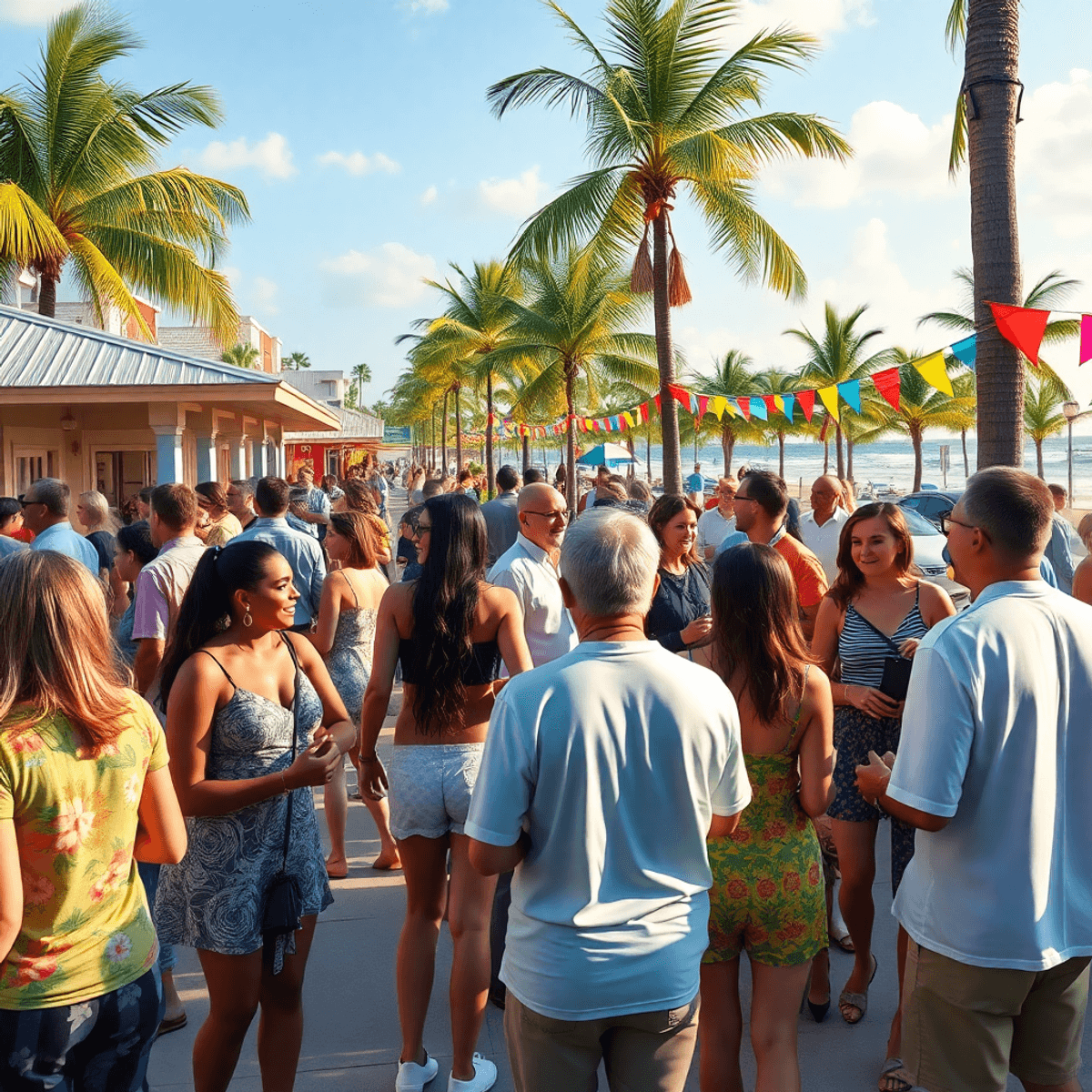 A lively outdoor gathering in Holly Hill, Florida, with people mingling under palm trees, enjoying the sun and colorful decorations, embodying a vi...