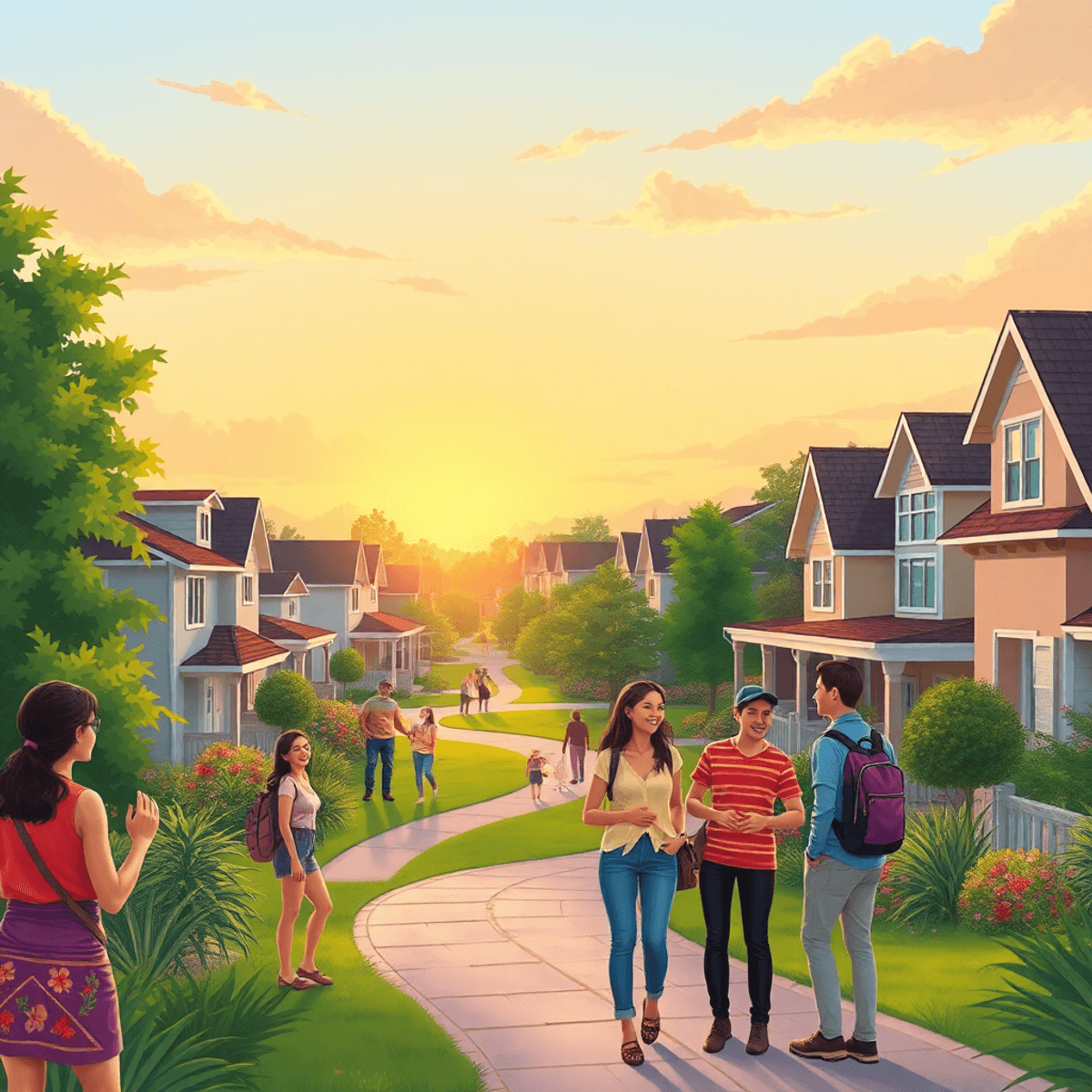 A picturesque suburban scene in Shady Hills, Florida, featuring lush greenery, people enjoying outdoor activities, and a warm sunset creating a rom...
