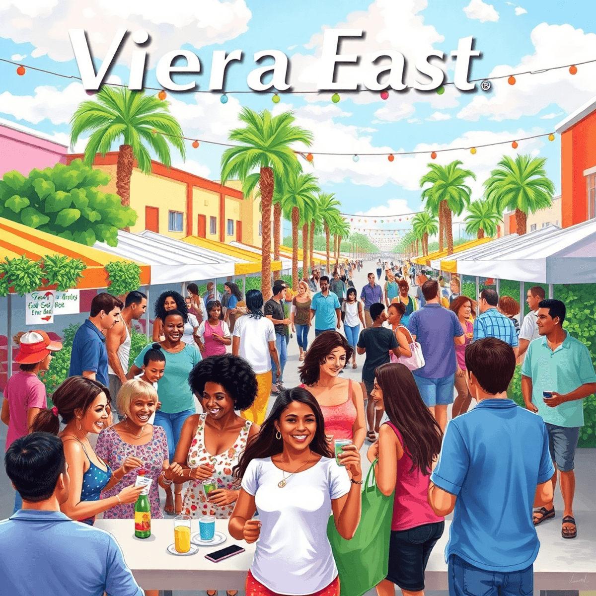 A lively community scene in Viera East, Florida, featuring people enjoying farmers' markets, outdoor gatherings, and social events amidst colorful ...