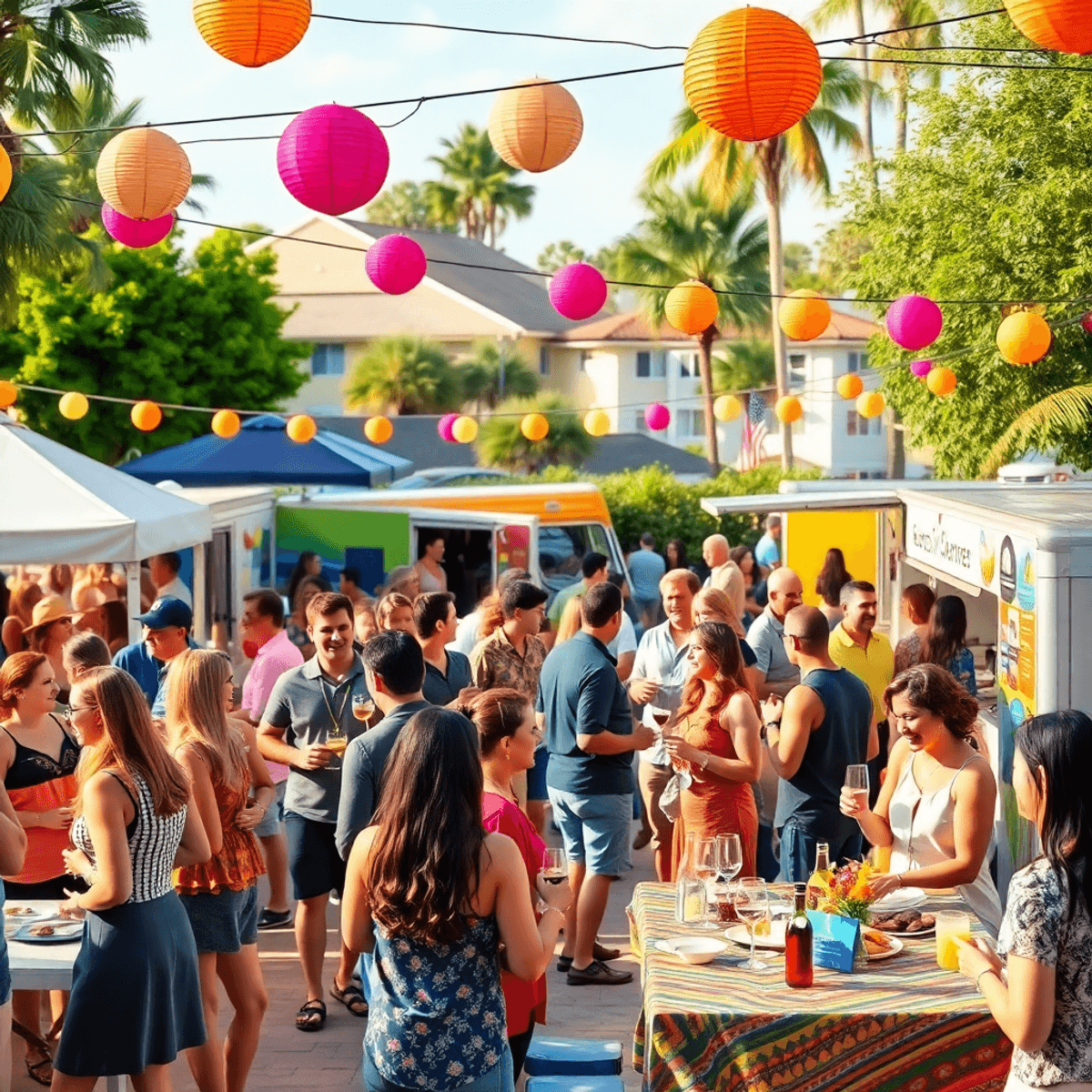 A lively outdoor social event with people mingling, enjoying wine tasting and food from trucks, surrounded by colorful decorations and lush greener...