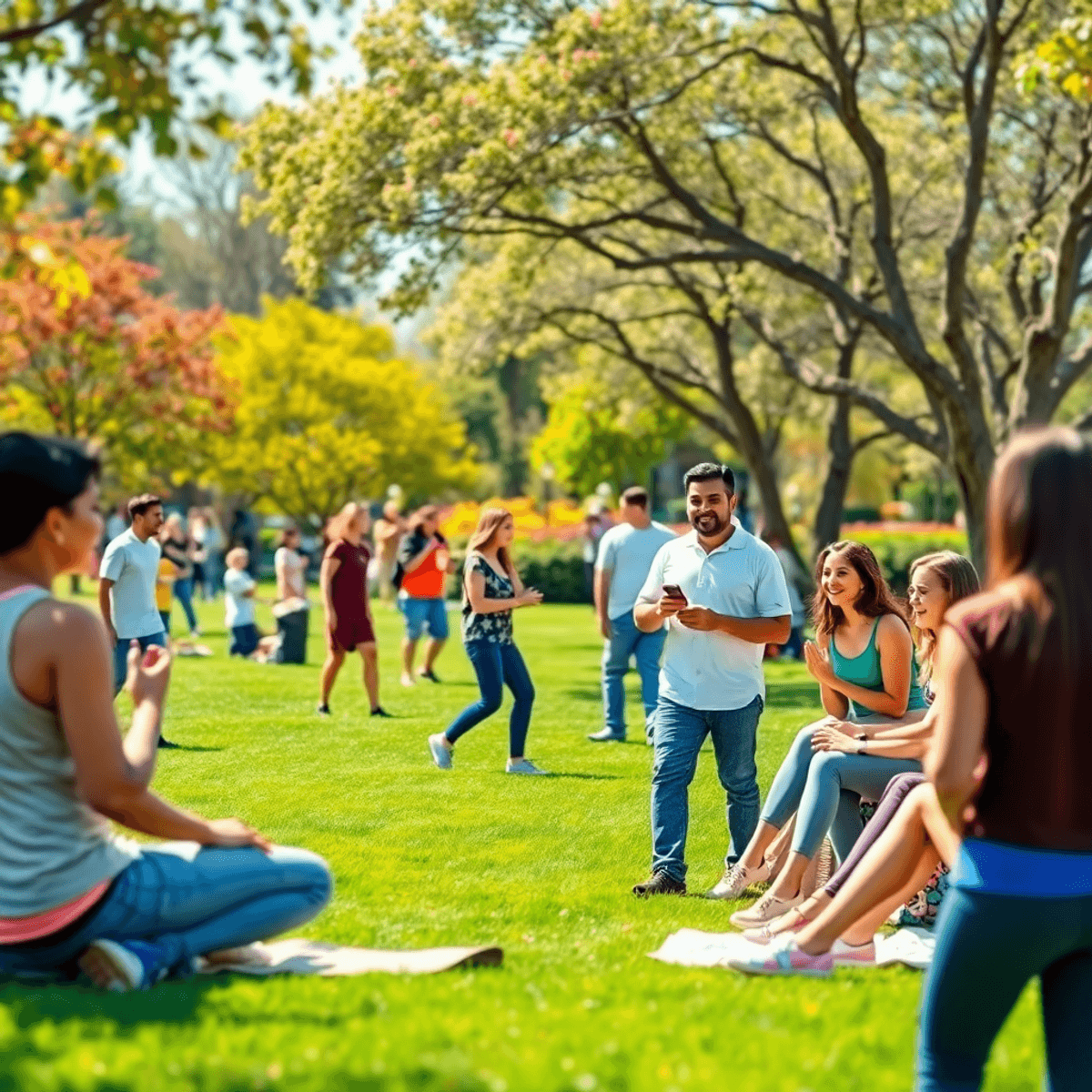 A lively suburban park scene with singles enjoying picnics, fitness classes, and conversations amidst colorful trees and flowers, capturing a warm ...