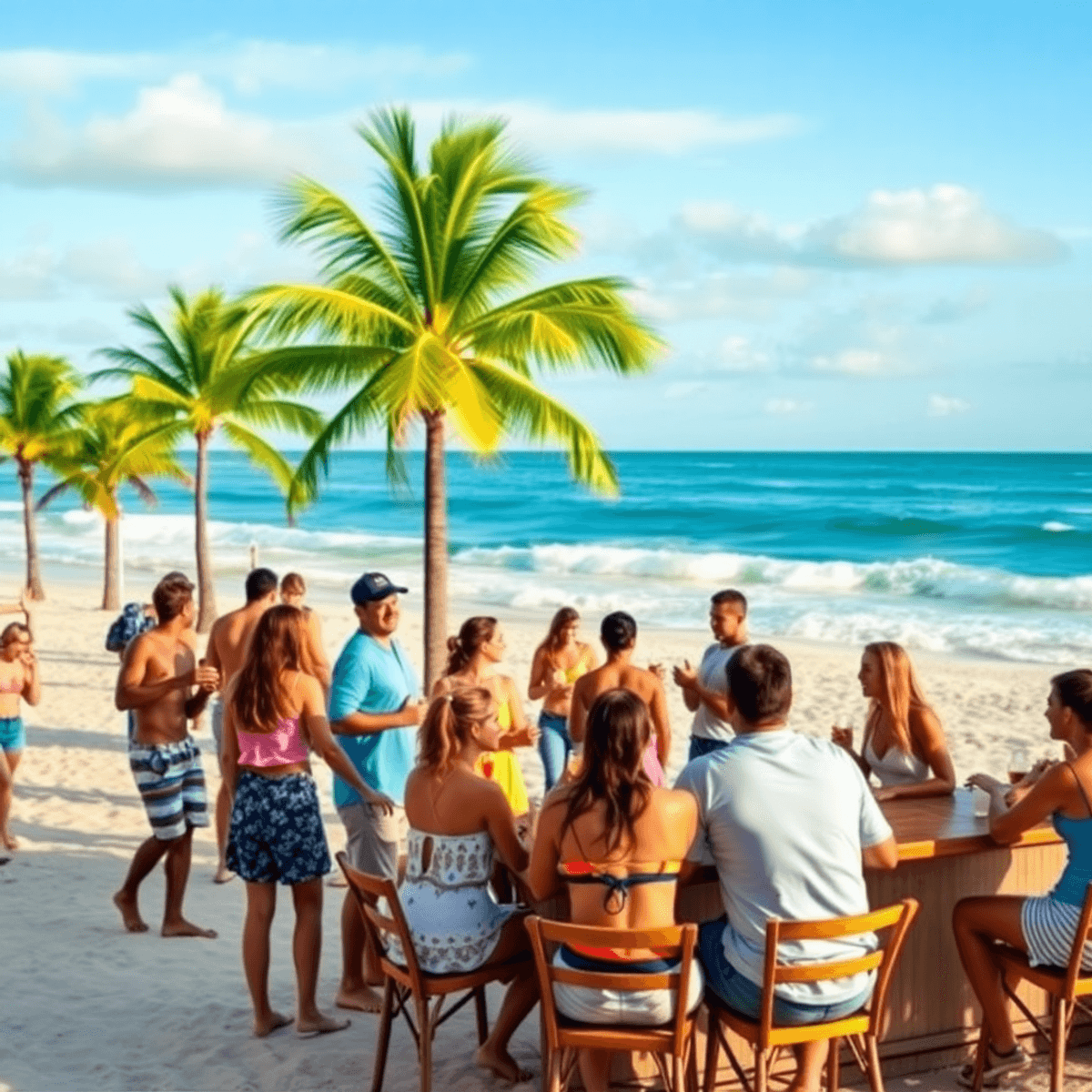 A lively beach scene with singles playing volleyball, socializing at a bar, and palm trees swaying in the background, creating a warm and inviting ...