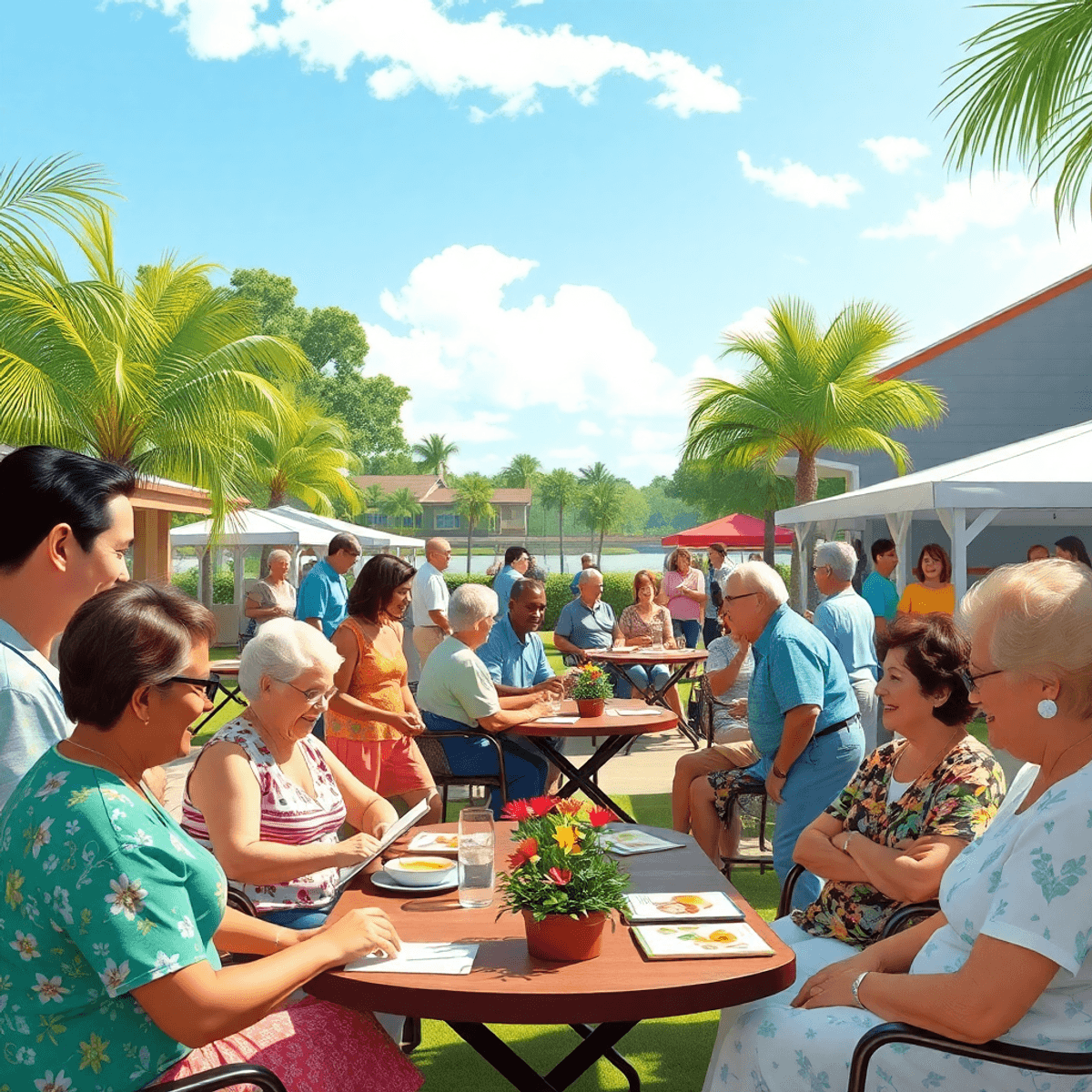 A lively outdoor gathering in Cypress Lake, Florida, with singles participating in arts and crafts, book discussions, and cooking classes amid a su...