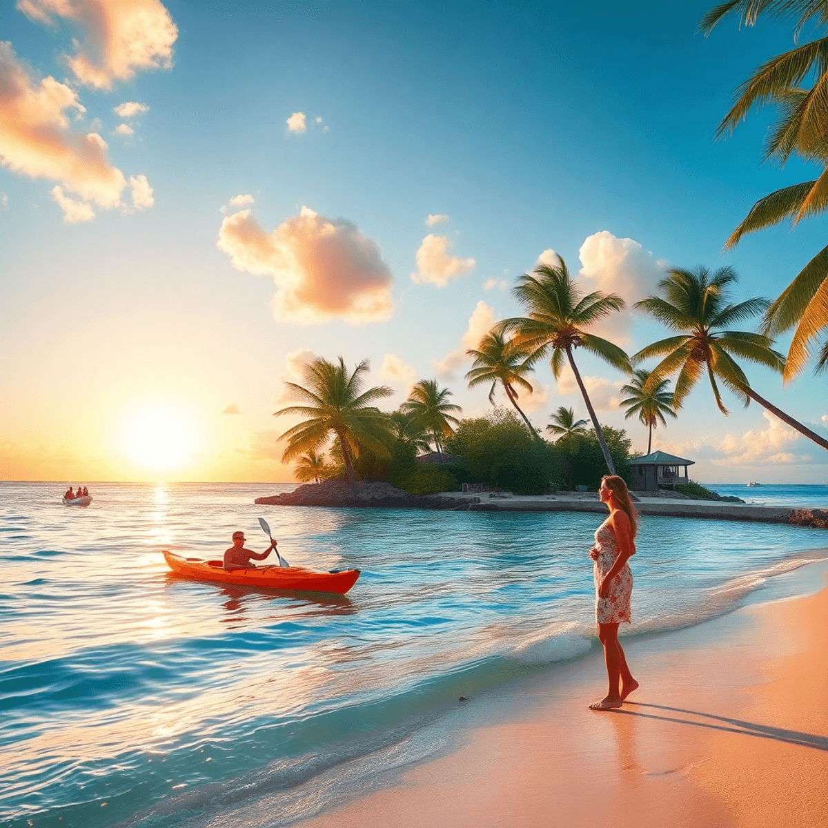 A vibrant tropical beach in Key Largo, with crystal-clear waters, swaying palm trees, a stunning sunset, kayakers, and a couple enjoying a romantic...