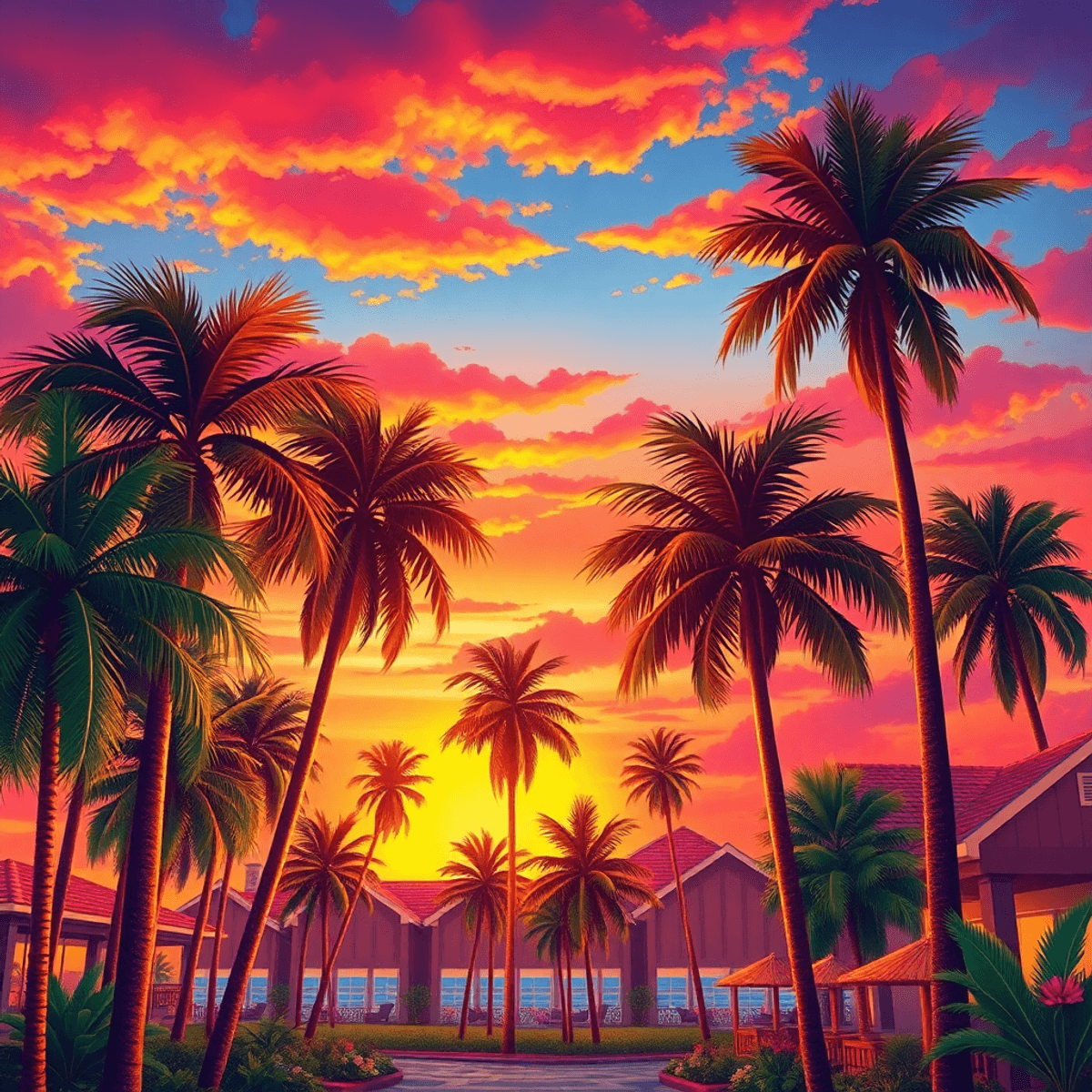 A vibrant sunset casts warm hues over palm trees, with traditional Hispanic and Caribbean motifs subtly integrated into the scene, embodying Florid...