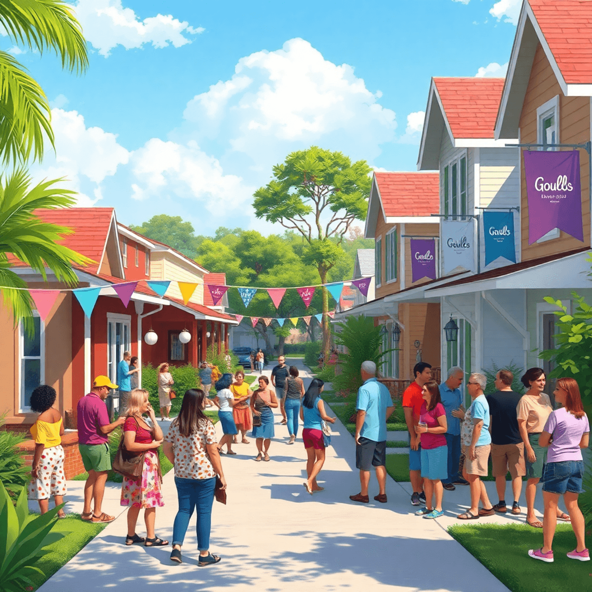 A lively suburban neighborhood scene with people socializing and engaging at a community gathering, surrounded by colorful banners and lush greenery.