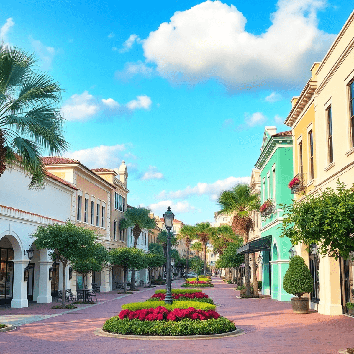 A charming view of Celebration, Florida, featuring pastel colonial buildings, tree-lined streets, intimate cafes, and scenic walking paths in a ser...