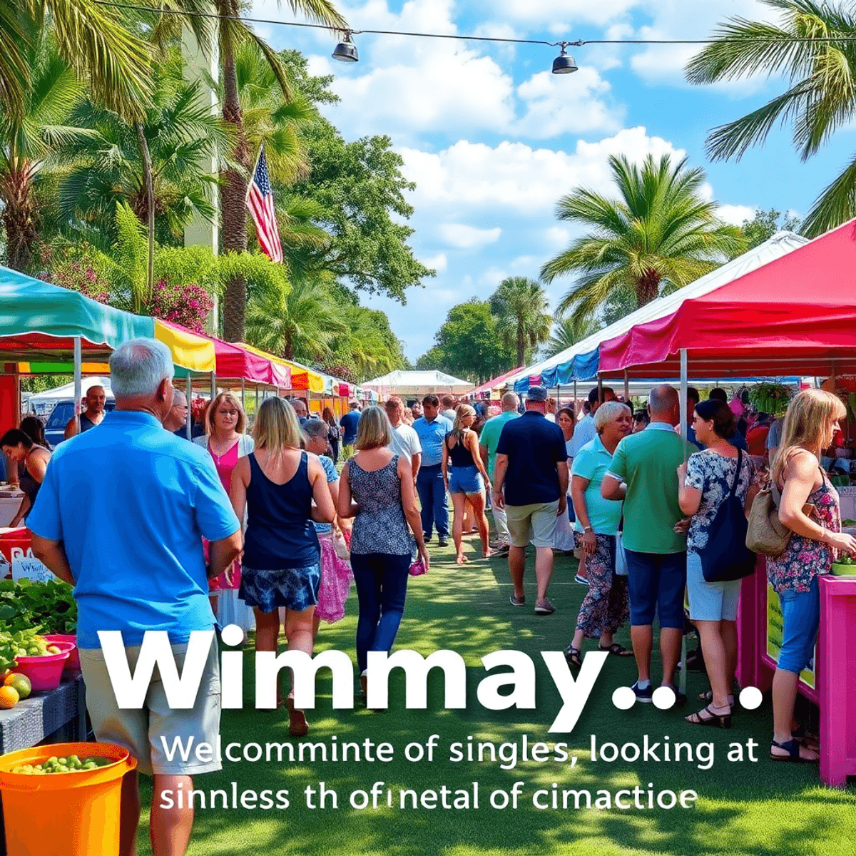 A lively community event in Wimauma, Florida, featuring colorful farmers' market stalls, people chatting, surrounded by lush greenery and a warm, w...
