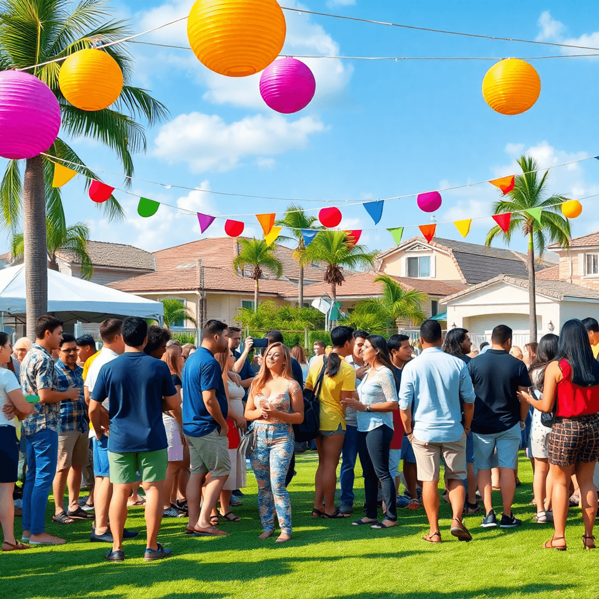 A lively outdoor community event in Glenvar Heights, featuring young professionals mingling among colorful decorations, palm trees, and suburban ho...