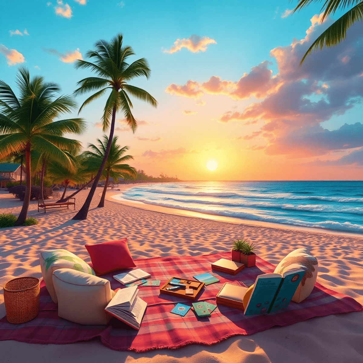 A vibrant beach scene in South Venice, Florida, showcasing palm trees, a sunset, and a cozy picnic setup with a blanket, games, and books, evoking ...