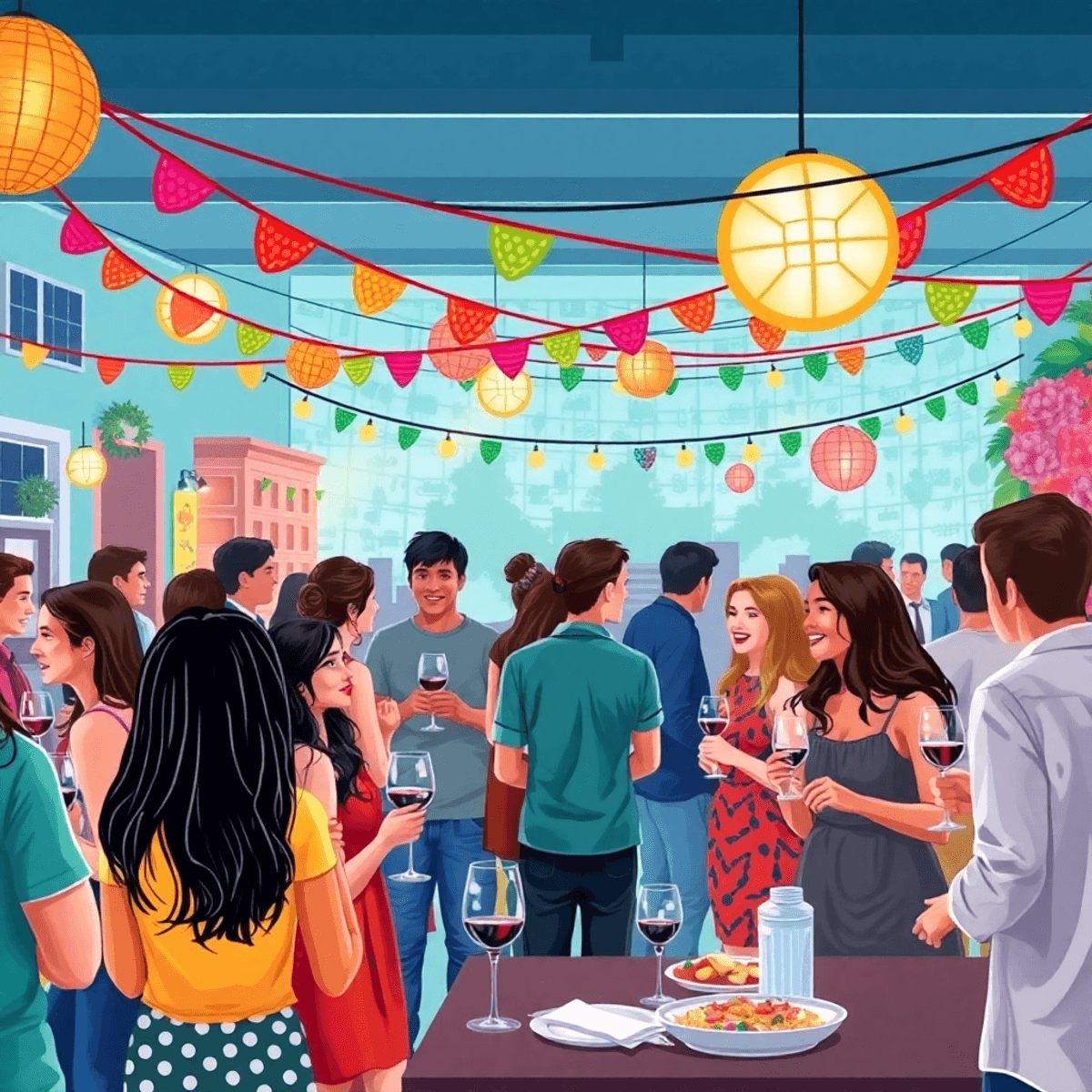 A lively community event in Sweetwater, Florida, showcasing young adults enjoying a wine tasting and cooking class amidst colorful decorations and ...
